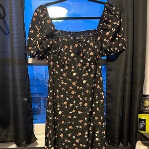 SHEIN Black Floral Puff-Sleeve Midi Dress with Orange and Cream Blooms